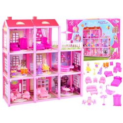 Trojposchodový domček pre bábiky s nábytkom a bábikou