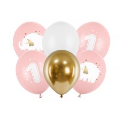 Balóny 30 cm, 1 rok, ružové, 6ks