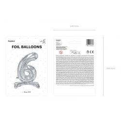 Fóliová balón na podstavci číslo „6“ strieborný, 70cm