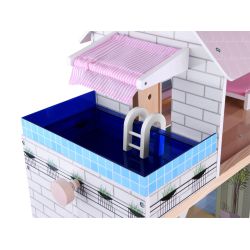 Drevený domček pre bábiky + bazén, výťah a nábytok