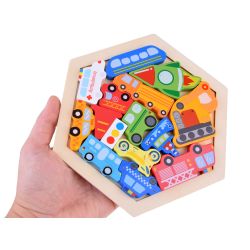 Farebné drevené puzzle Vozidlá, 16 dielikov